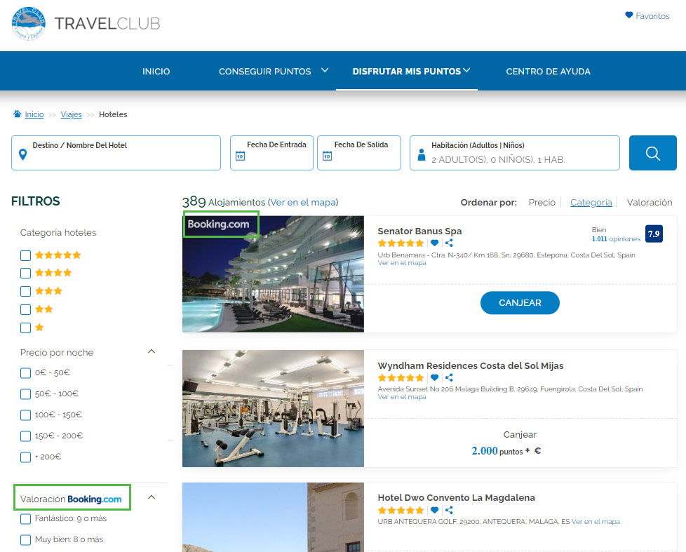 travel club puntos booking